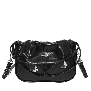 Chic black pleated cloud bag with silver butterfly charms and slim shoulder strap