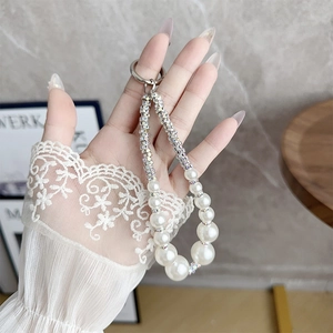 Artificial Pearl Rhinestone Phone Lanyard Hand Strap With Transparent Patch Luxury Alloy Faux Artificial Pearl Keychain Women Elegant Charm