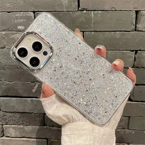 Detailed close-up of sparkling silver glitter phone case with metallic frame for iPhone