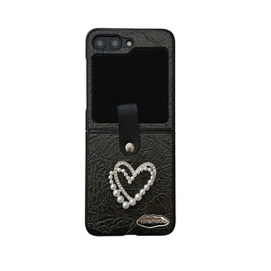 Black leather folding phone case with pearl heart pendant for Samsung Galaxy Z Flip
