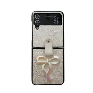 White pleated leather foldable phone case with pearl-gloss bow for Samsung Z Flip