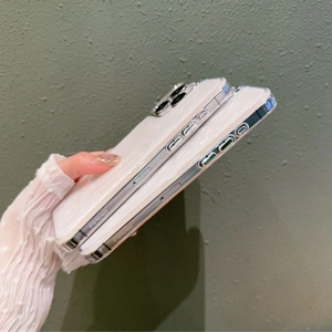 Detailed side view of pearlescent white iPhone 15 Pro Max case with precise cutouts