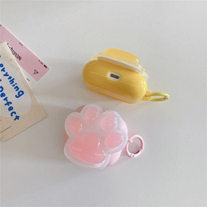 Pink cat paw protective case for AirPods with metal carabiner on a clean background
