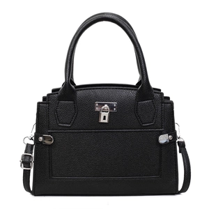 Minimalistische schwarze Handtasche aus Leder mit Litschi-Muster und Silber-Schloss