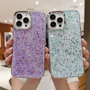 Macro shot of glitter silicone phone cases in purple and mint green with metal lens frames