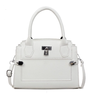 Minimalist white leather handbag with top handle and adjustable shoulder strap for women