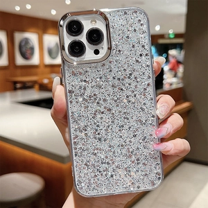 Detail of silver glitter phone case for iPhone with luxury sparkling finish and camera protection