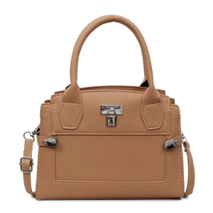 Classic tan pebble leather handbag with silver lock closure and adjustable strap