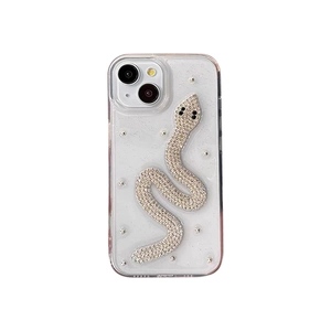 Transparent iPhone case with silver rhinestone snake design and glitter accents