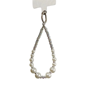 Luxe gradient pearl phone strap with rhinestones and silver clasp on white background