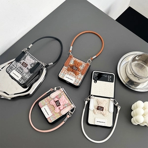 Tweed Woven Folding Phone Case Plush Teddy Bear Wrist Strap Shockproof Protective Cover