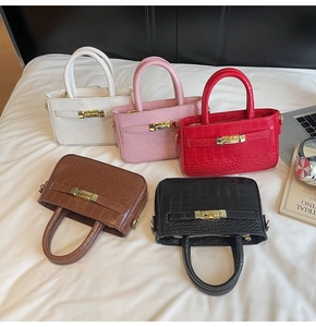 Flat lay of small stone-textured handbags in five colors with golden metallic buckles
