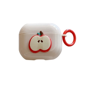 Creamy white protective case for AirPods with a 3D red apple slice and a red carabiner clip