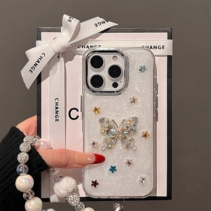 Luxury rhinestone butterfly glitter phone case for iPhone with elegant pearl charm chain