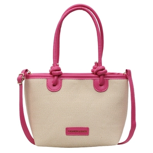 Secchiello in paglia intrecciata stile francese beige con finiture e manici in pelle rosa