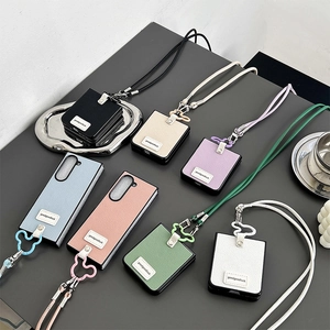 Lychee leather crossbody phone case with Mickey ring for Samsung Z Flip and Huawei Pocket
