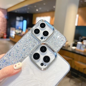 Detail of glitter and pearl texture phone cases with protective metal camera rings