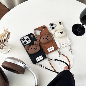 Protective bear phone case for iPhone 16 Pro Max with lanyard and plush decoration