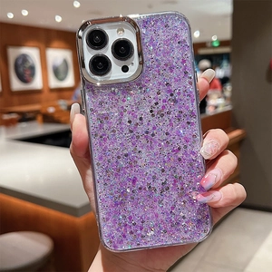 Close-up of sparkling purple glitter phone case with silver metal camera lens protection