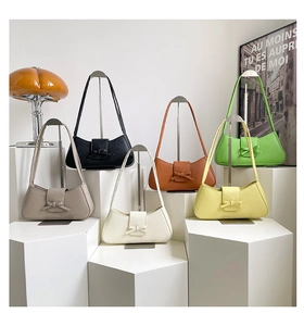 Macro display of PU shoulder bags in six vibrant colors with bow buckle detail