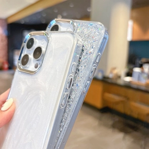 Detailed side view of glitter sequin phone case showing raised camera protection and slim profile