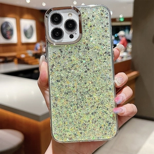 Detail of glitter sequins phone case with silver metal camera lens ring for iPhone