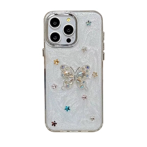 Sparkly glitter iPhone case with 3D rhinestone butterfly and small star accents