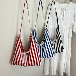 Gestreifte Canvas Umhängetasche Mit Spitzen Schleife Große Kapazität Tote Nische Achseltasche Für Damen Alltag
