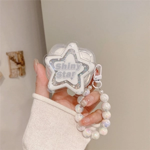 Detail of star-shaped AirPods case with Shiny Star glitter and pearl hand strap