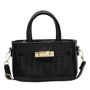 Chic black crocodile texture square shoulder bag with gold metal buckle and adjustable strap