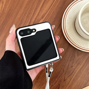 Crossbody phone case for foldable screens with lychee leather and white woven strap