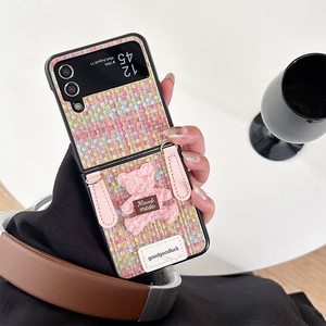 Pink and blue plaid woven case with a plush teddy bear for Samsung Galaxy Z Flip