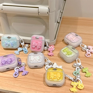 Sparkly macaron colors AirPods case with 3D bow and elegant pearl chain accessory