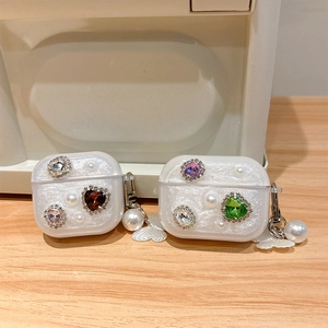 Glittery white heart rhinestone case for AirPods with pearl butterfly pendant accessory