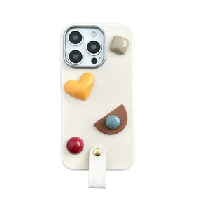 Cream leather phone case for iPhone 16 Pro Max with colorful 3D resin heart decorations