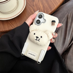 Detail of cream white leather iPhone case with 3D plush bear and dual D-ring strap hooks