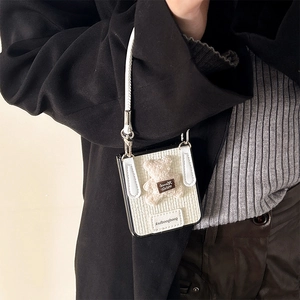 Cute white corduroy phone case for Samsung ZFlip6 featuring a plush bear and long lanyard