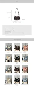 Detailed chart showing PU leather tote specifications and 12-color variety with plush charms