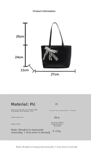 Tableau des tailles détaillé pour cabas noir en PU montrant largeur et dimensions