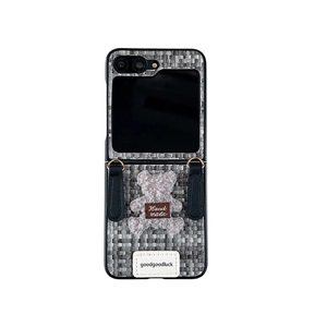 Gray woven case for foldable phone with cute 3D plush bear and stylish hand strap