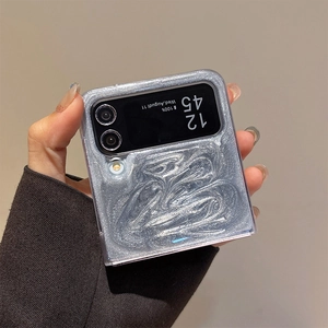 Detailed shimmer silver glitter case for Samsung Z Flip 6 with precise cutouts and texture