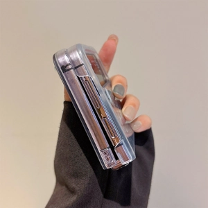Precision side cutout detail on a clear glitter case for Samsung Z Flip foldable phone