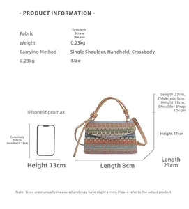 Detailed view of woven straw bag with rainbow pattern, chain strap and smartphone scale