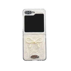 Pearlescent white glitter phone case for Galaxy Z Flip 6 with marble texture and bow