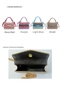 Detail of woven rainbow handbags showing internal structure and four color options