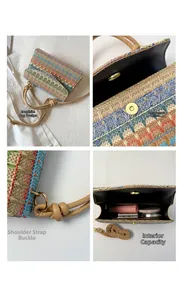 Detailed view of rainbow woven bag with magnetic closure, hardware, and interior capacity