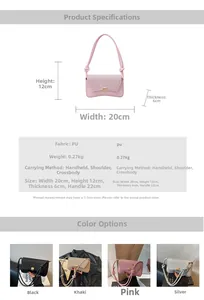Detailed size and color guide for fashionable baguette bag with dimensions and specs