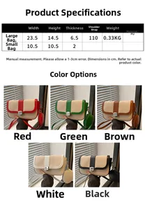Detailed size chart and specifications for the PU leather crossbody handbag and mini pouch