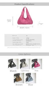 Size chart for high-capacity PU leather underarm bag with dimensions and color options