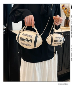 Rugby shaped handbag set with contrast stripes, letter print and gold chain strap detail